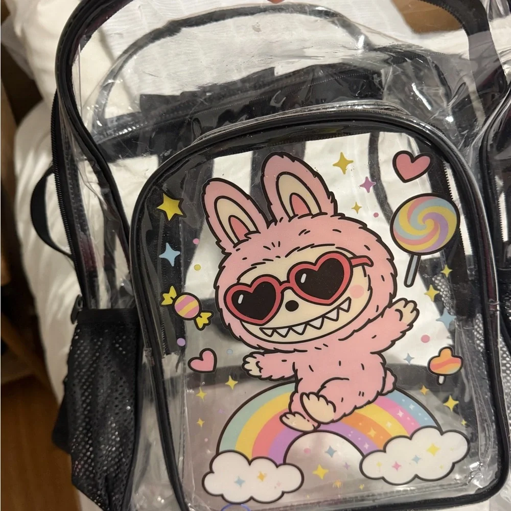 Pink Bunny Clear Mini Backpack with Rainbow Graphic